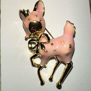 Adorable Pink & Gold Deer Brooch with Red Crystal Eye & Gold Bow NEW